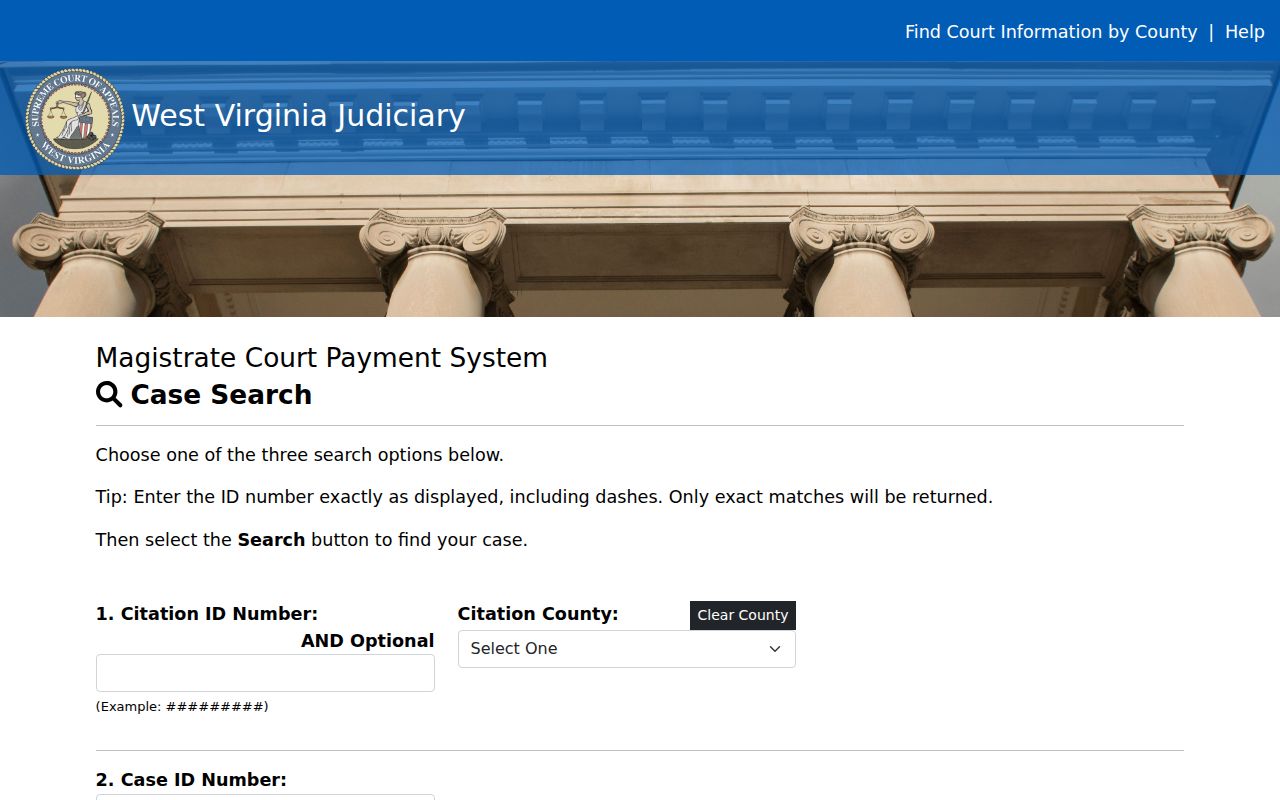 West Virginia traffic citation payment search fields for citation, case, and payment-plan IDs