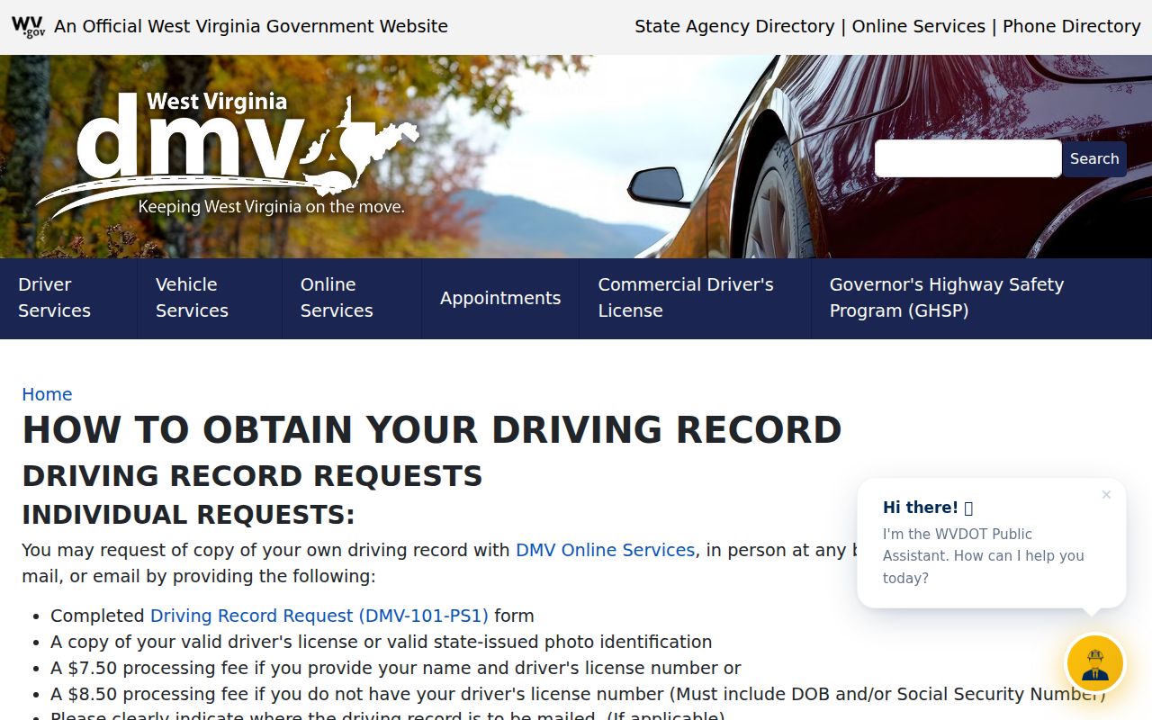 West Virginia DMV instructions for requesting an individual driving record