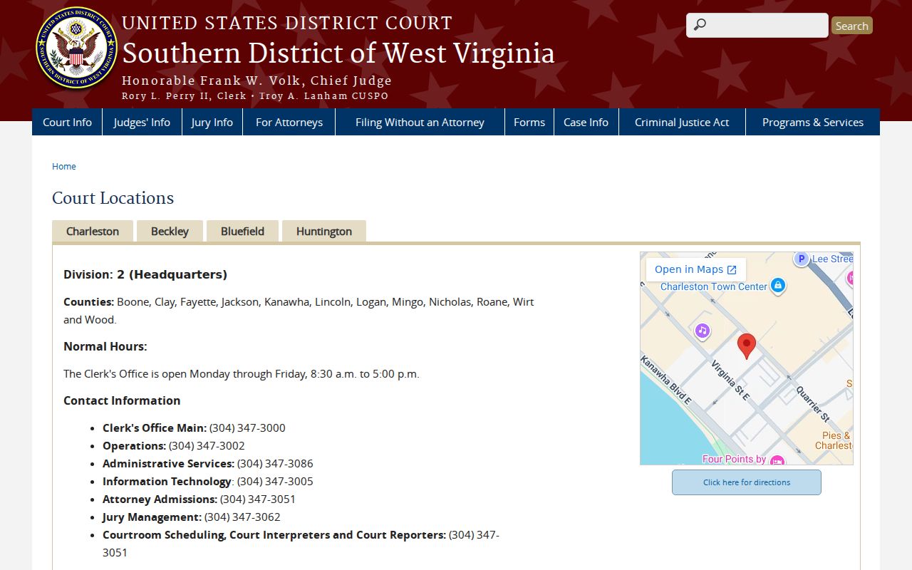 West Virginia Southern District federal court records and locations