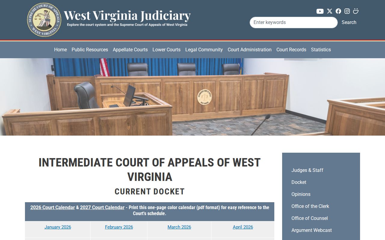 West Virginia Intermediate Court of Appeals argument calendar filters and docket rows