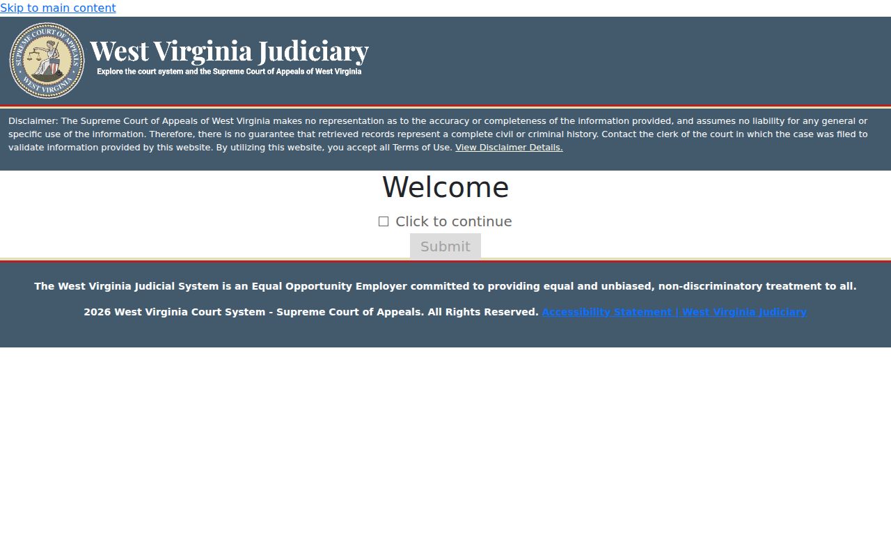West Virginia Magistrate Case Record Search entry page at its CAPTCHA gate