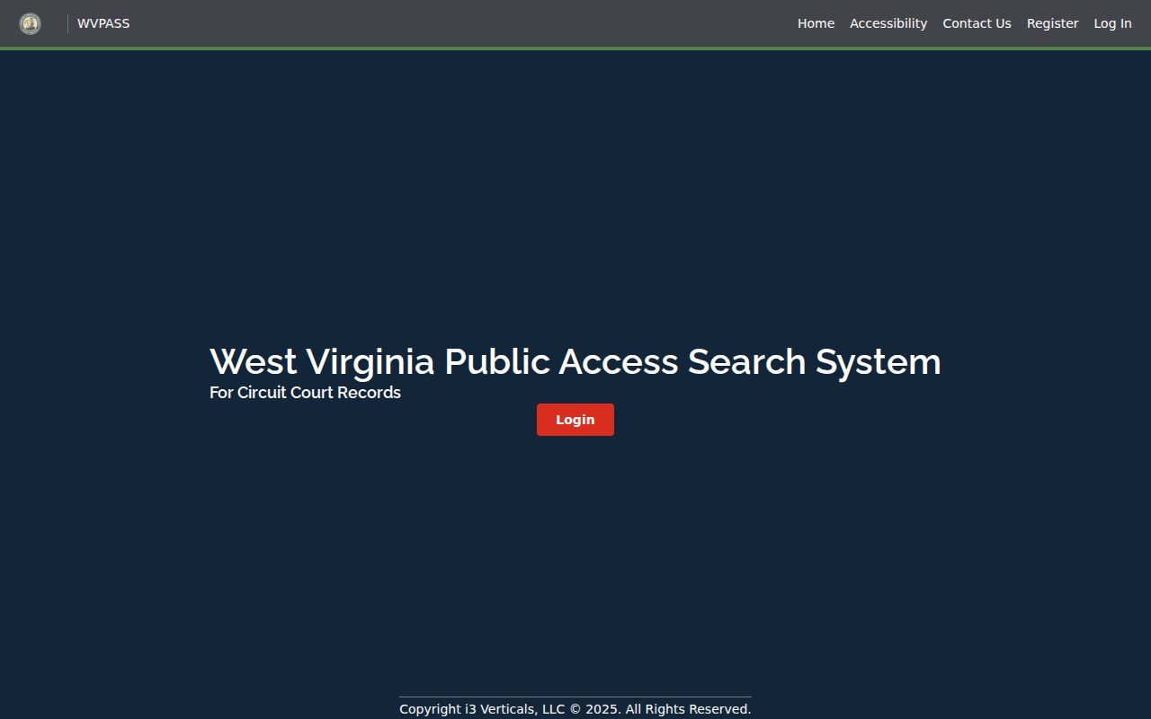 West Virginia WVPASS public Circuit Court search page, with the search form not rendered